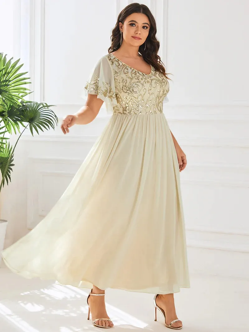 Plus Short Ruffles Sleeves V Neck Mother of the Bride Dresses