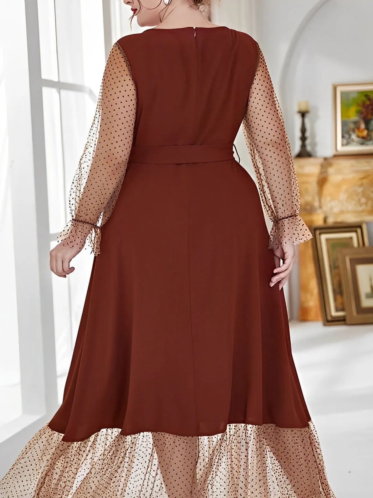 [Plus Size] 1930s Mesh Polka Dot Patchwork Dress