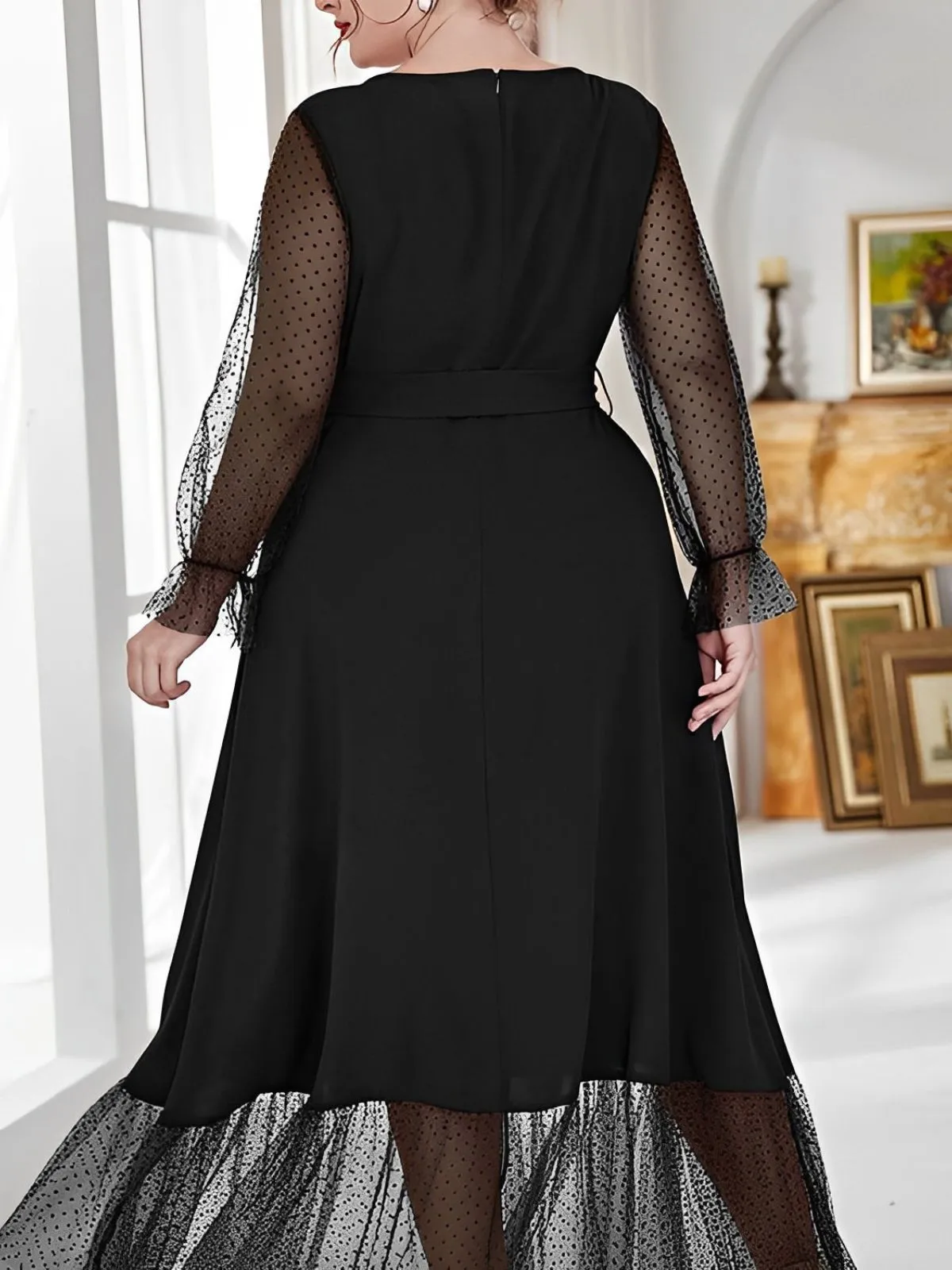 [Plus Size] 1930s Mesh Polka Dot Patchwork Dress