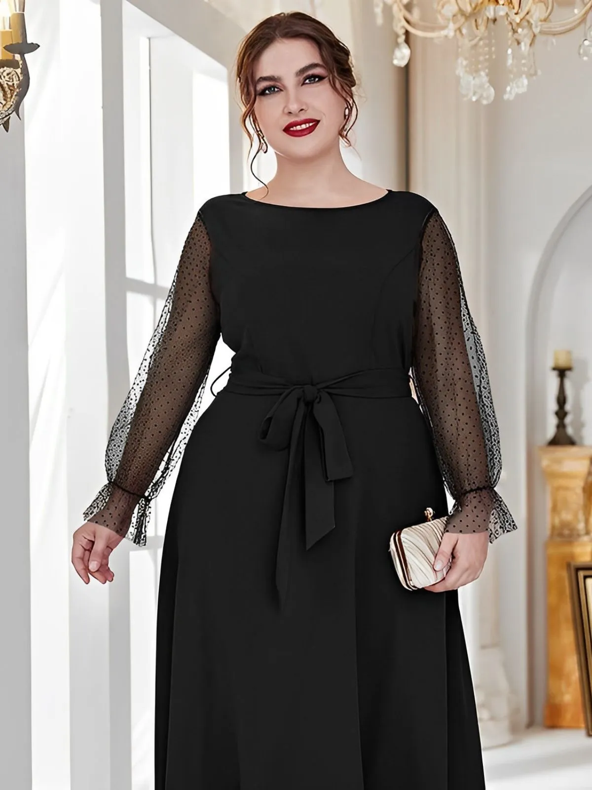 [Plus Size] 1930s Mesh Polka Dot Patchwork Dress