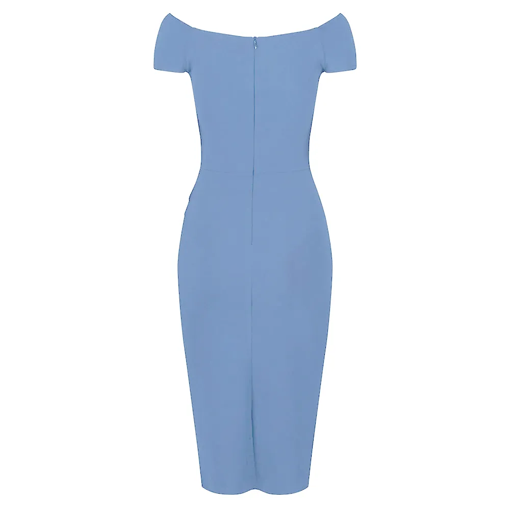 Pretty Blue Cap Sleeve Crossover Top Bardot Wiggle Pencil Dress