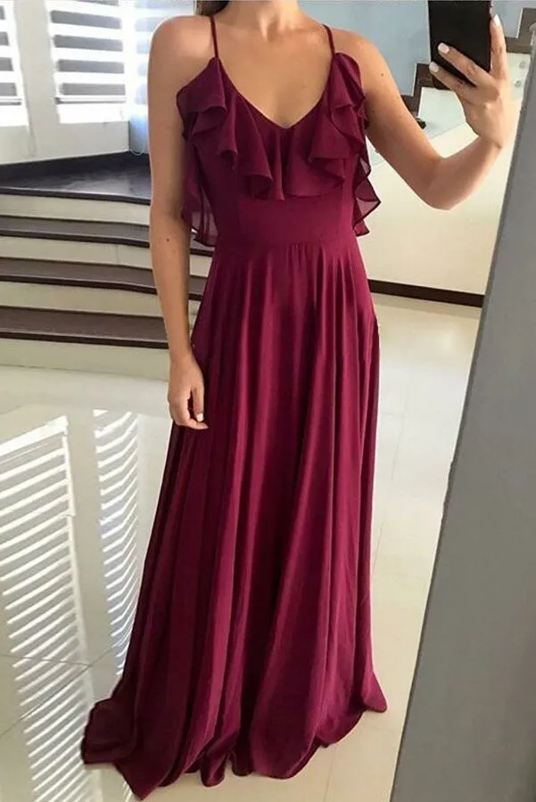 Pretty Spaghetti Straps Burgundy Chiffon Long Prom Dresses With Ruffles Bridesmiad Dresses