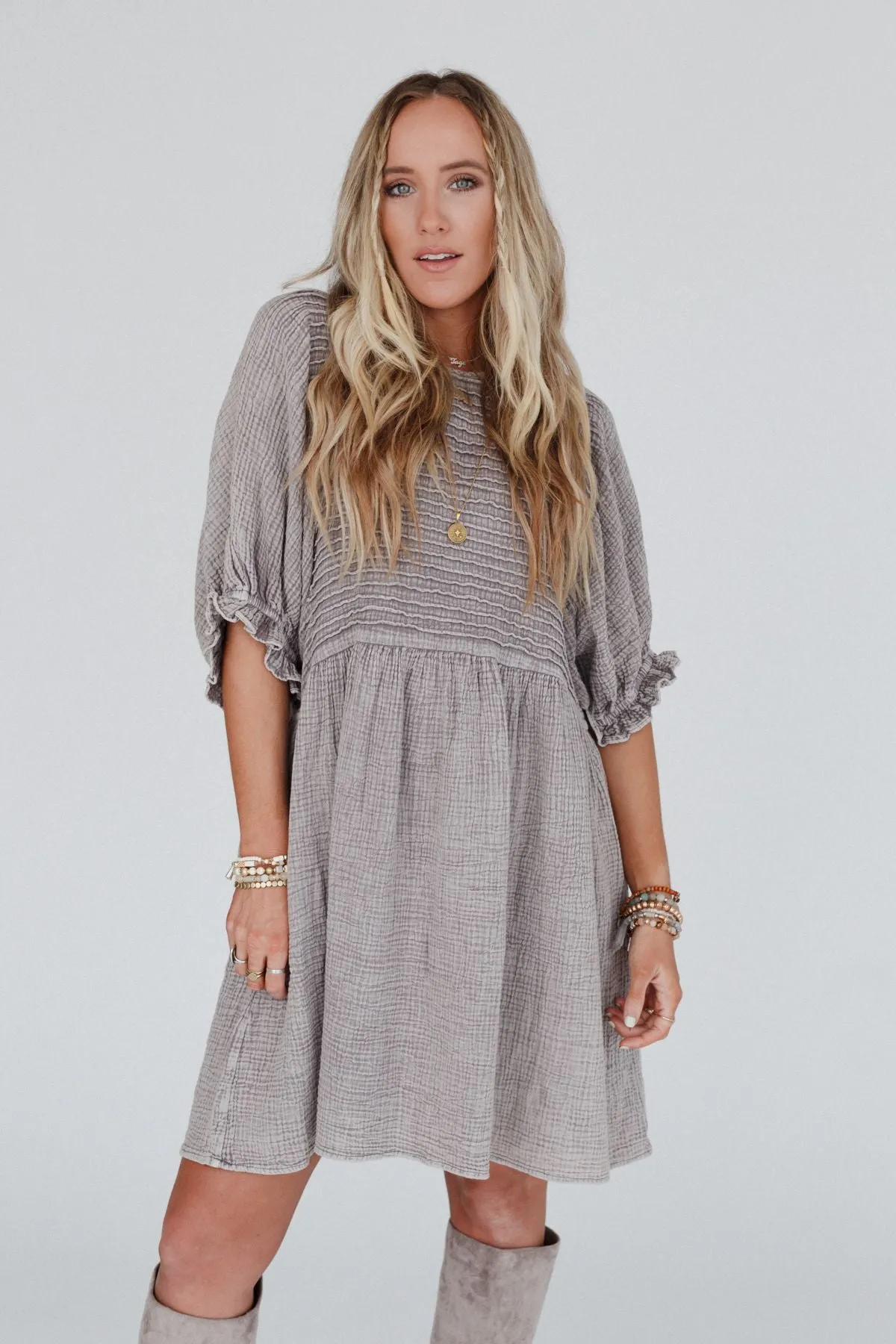 Quinn Puff Sleeve Mini Dress - Ash