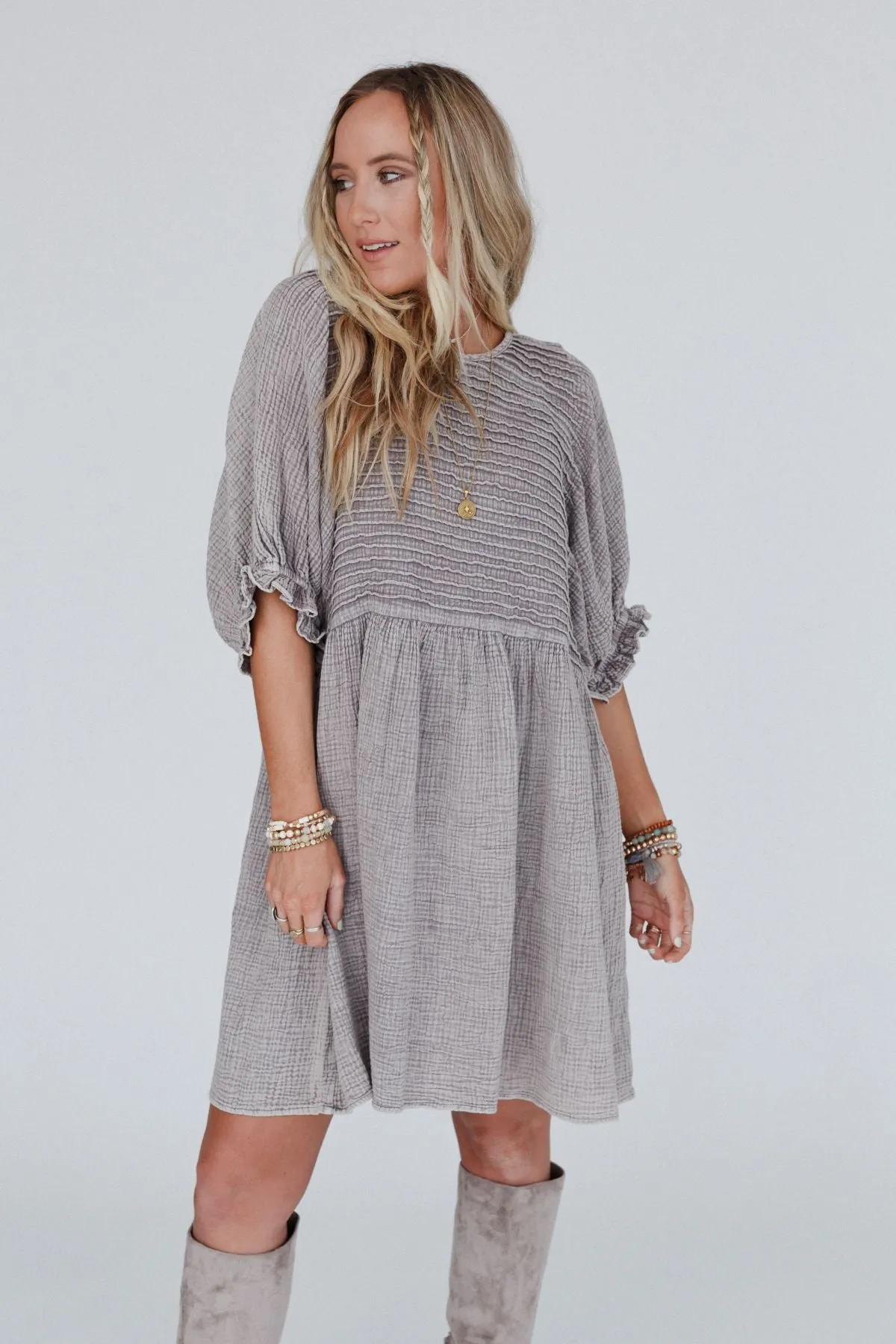 Quinn Puff Sleeve Mini Dress - Ash