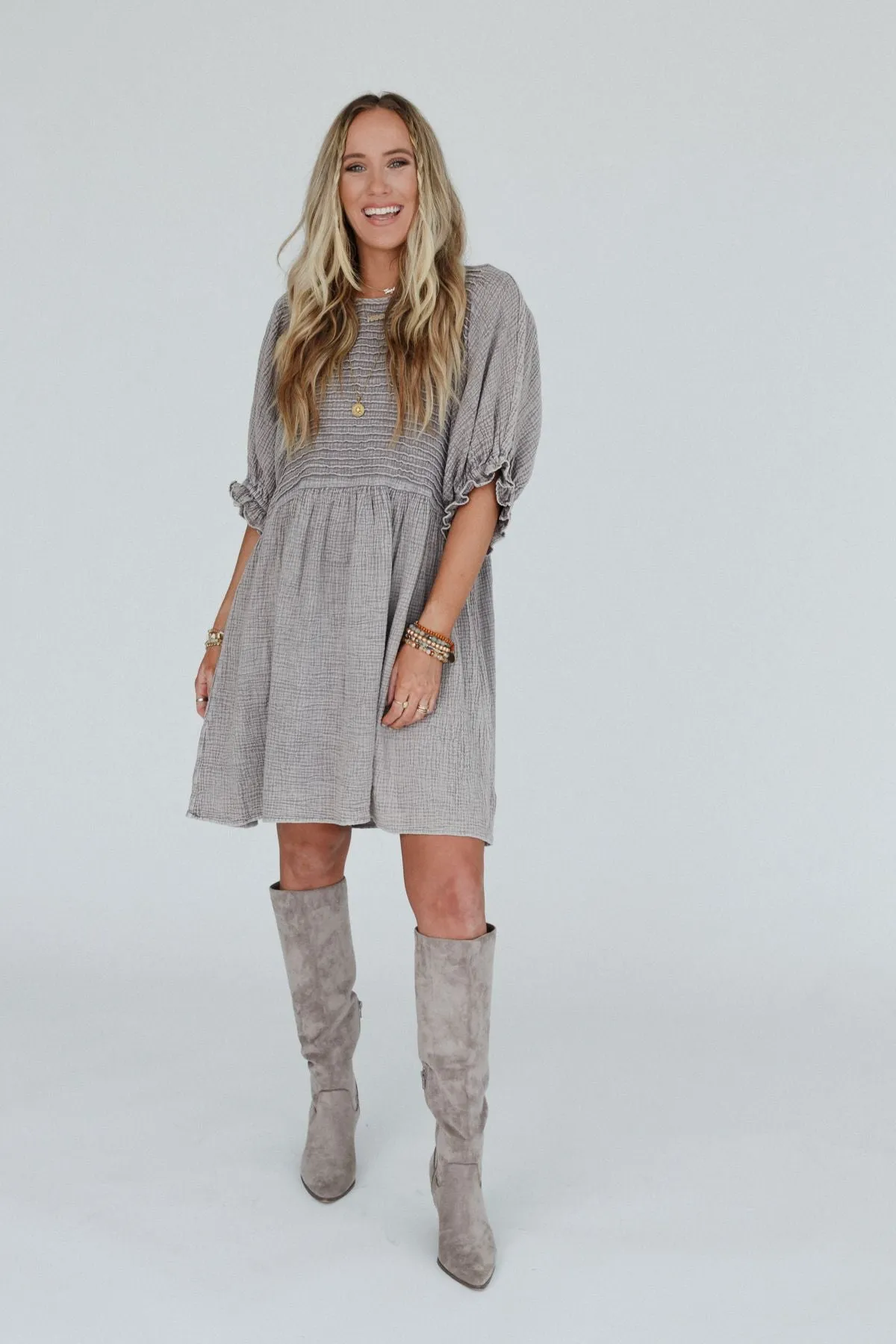 Quinn Puff Sleeve Mini Dress - Ash