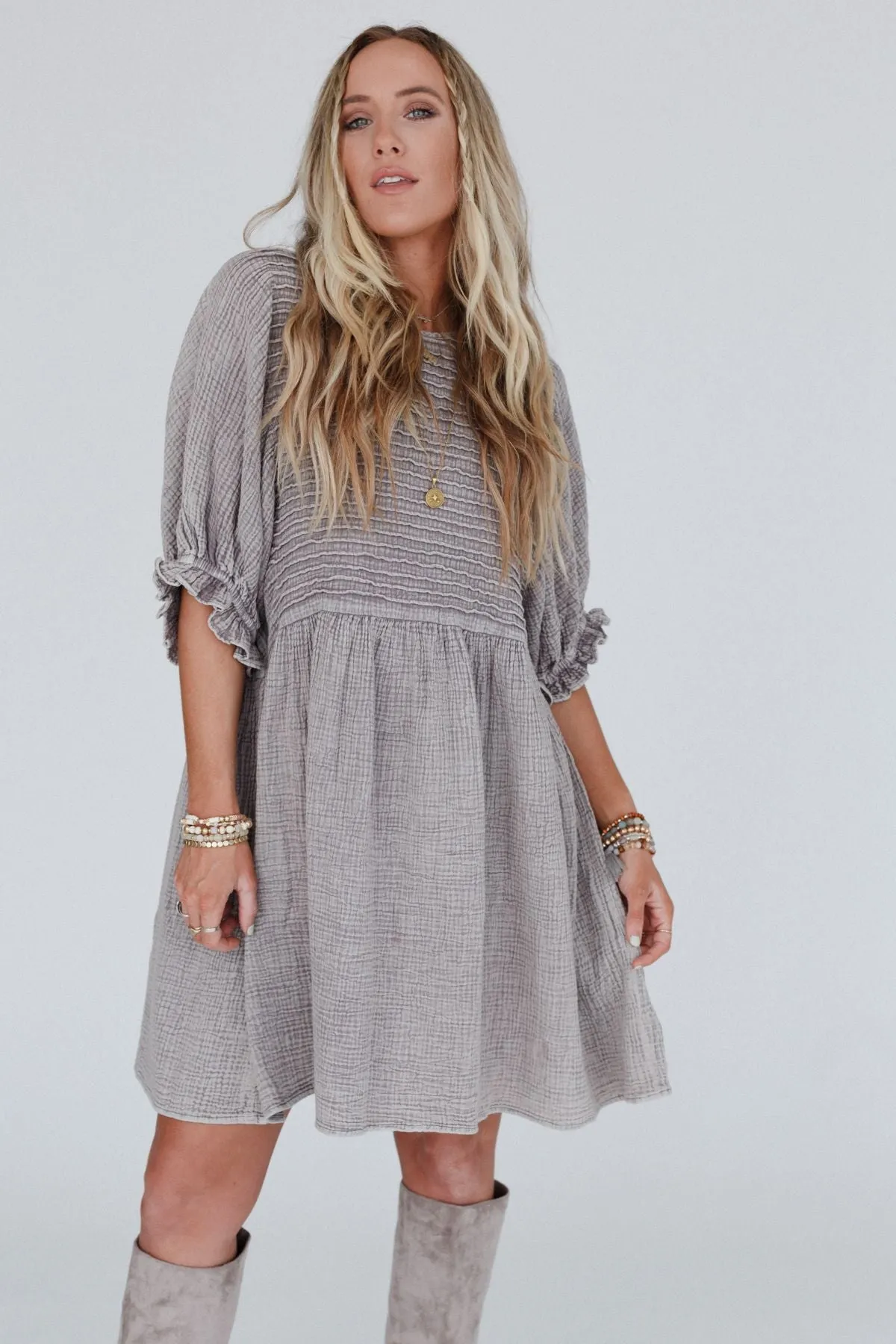 Quinn Puff Sleeve Mini Dress - Ash