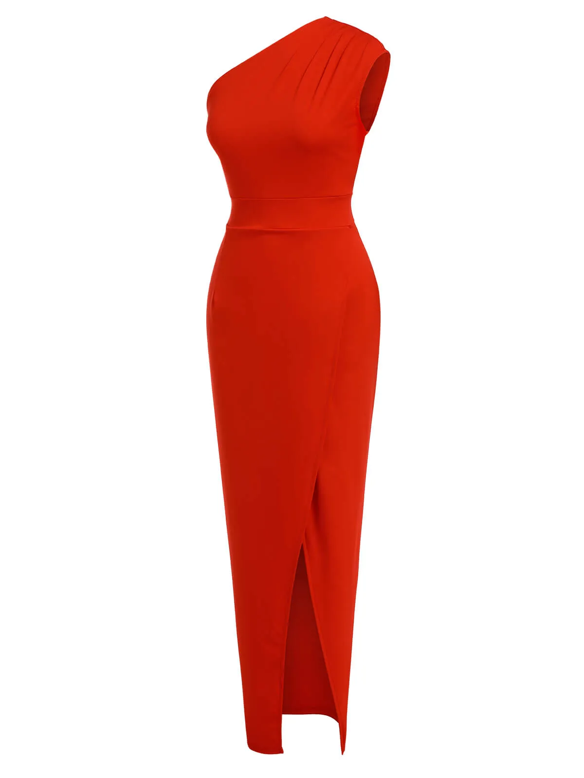 Red 1960s One Shoulder Slit Long Dress