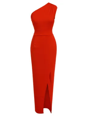 Red 1960s One Shoulder Slit Long Dress