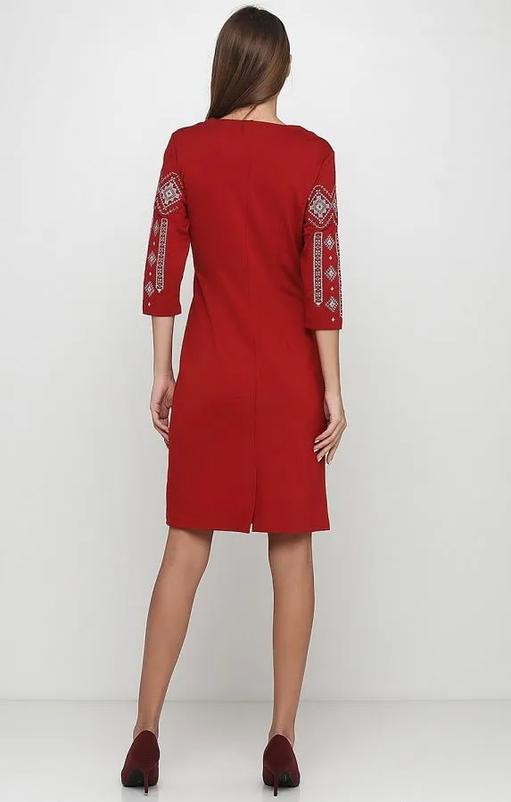 Red Embroidered Dress “Grey Geometric”