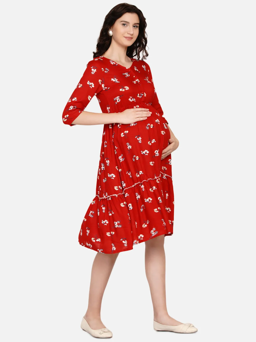 Red Floral Print Maternity and Nursing Midi Dress