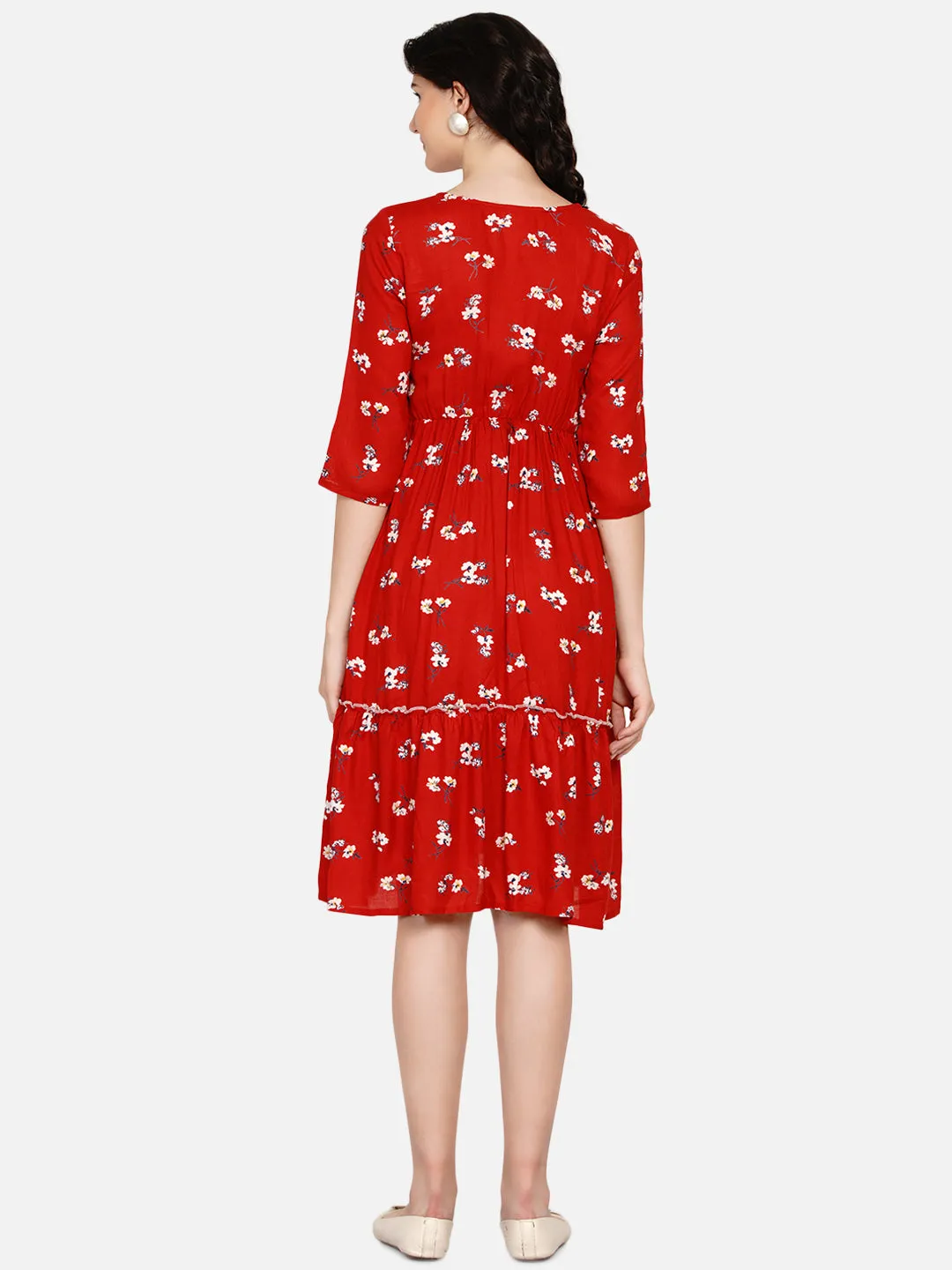 Red Floral Print Maternity and Nursing Midi Dress