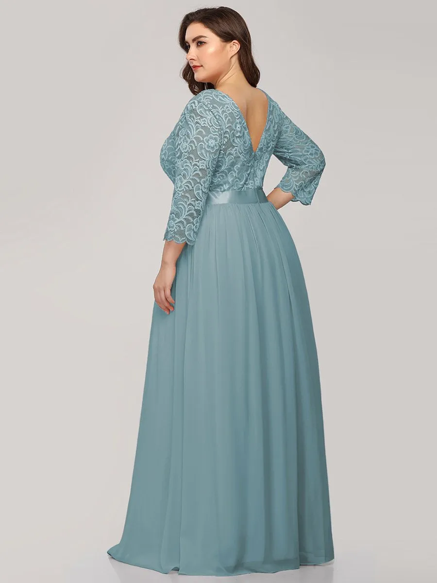 Robe de demoiselle d'honneur en grande taille dentelle transparente et demi-manche