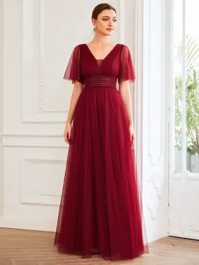 Robe de demoiselle d'honneur en tulle plissée à manches courtes et double col en V