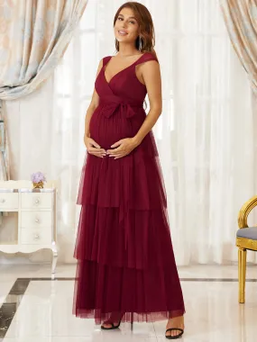 Robe de maternité longue en tulle à col en V sans manches à taille empire