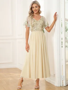 Robe Mère de la Mariée en mousseline à manches courtes et encolure en V