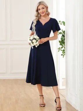 Robe Mère de la Mariée mi-longue à encolure en V et manches courtes