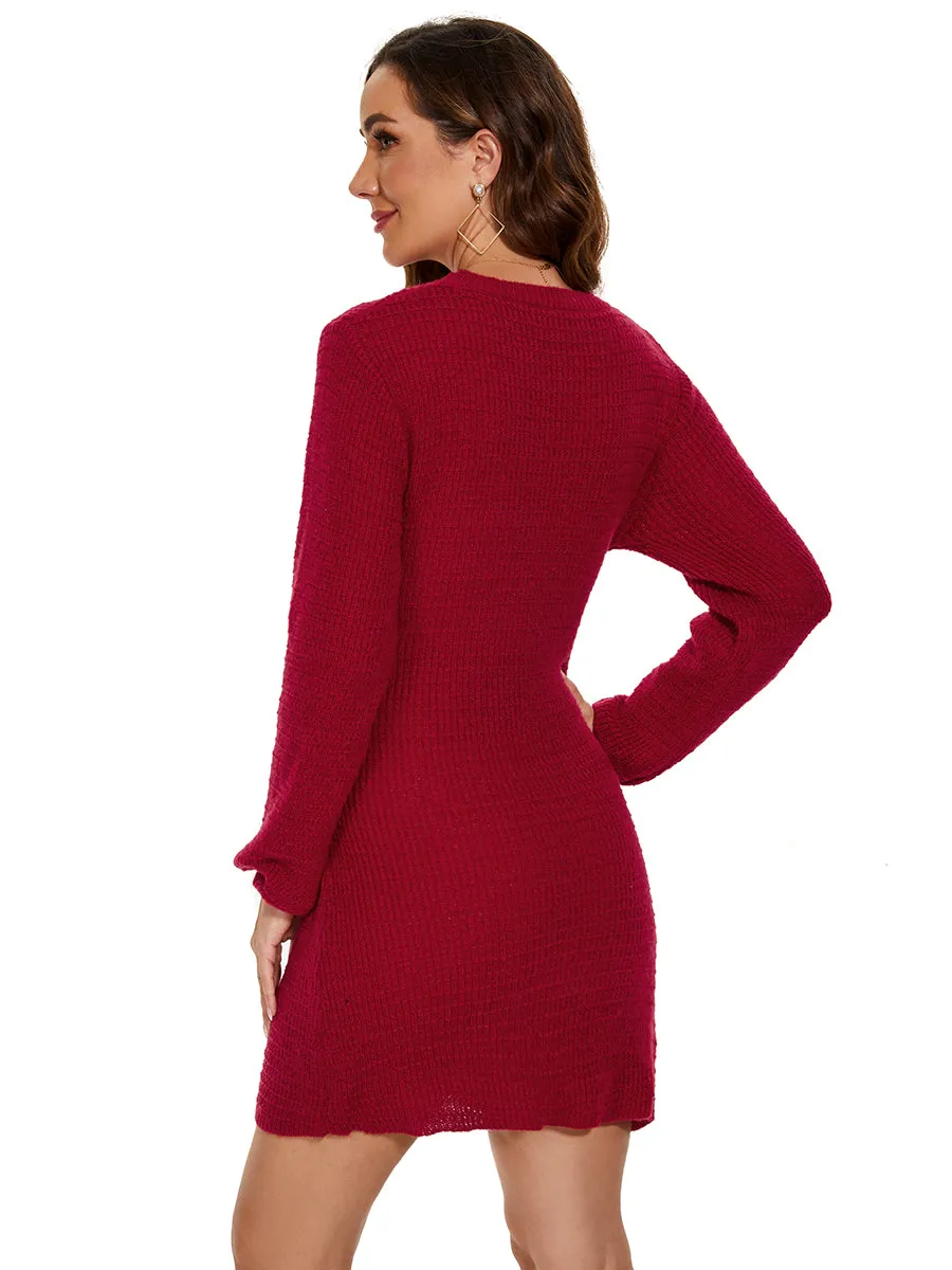 Round Neck Bodycon Mini Sweater Dress With Belt