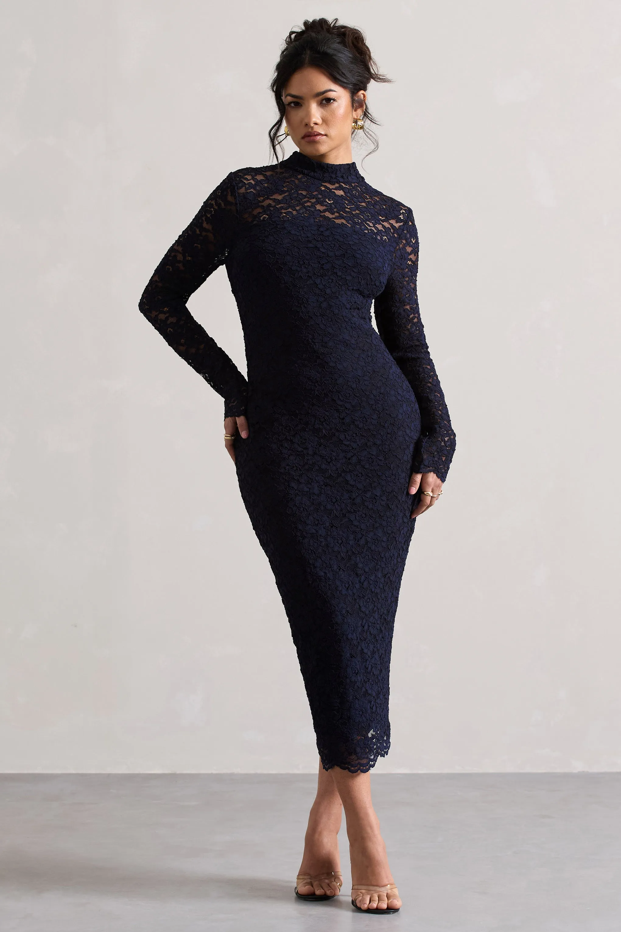 Rumour | Navy Lace High-Neck Midi Dress