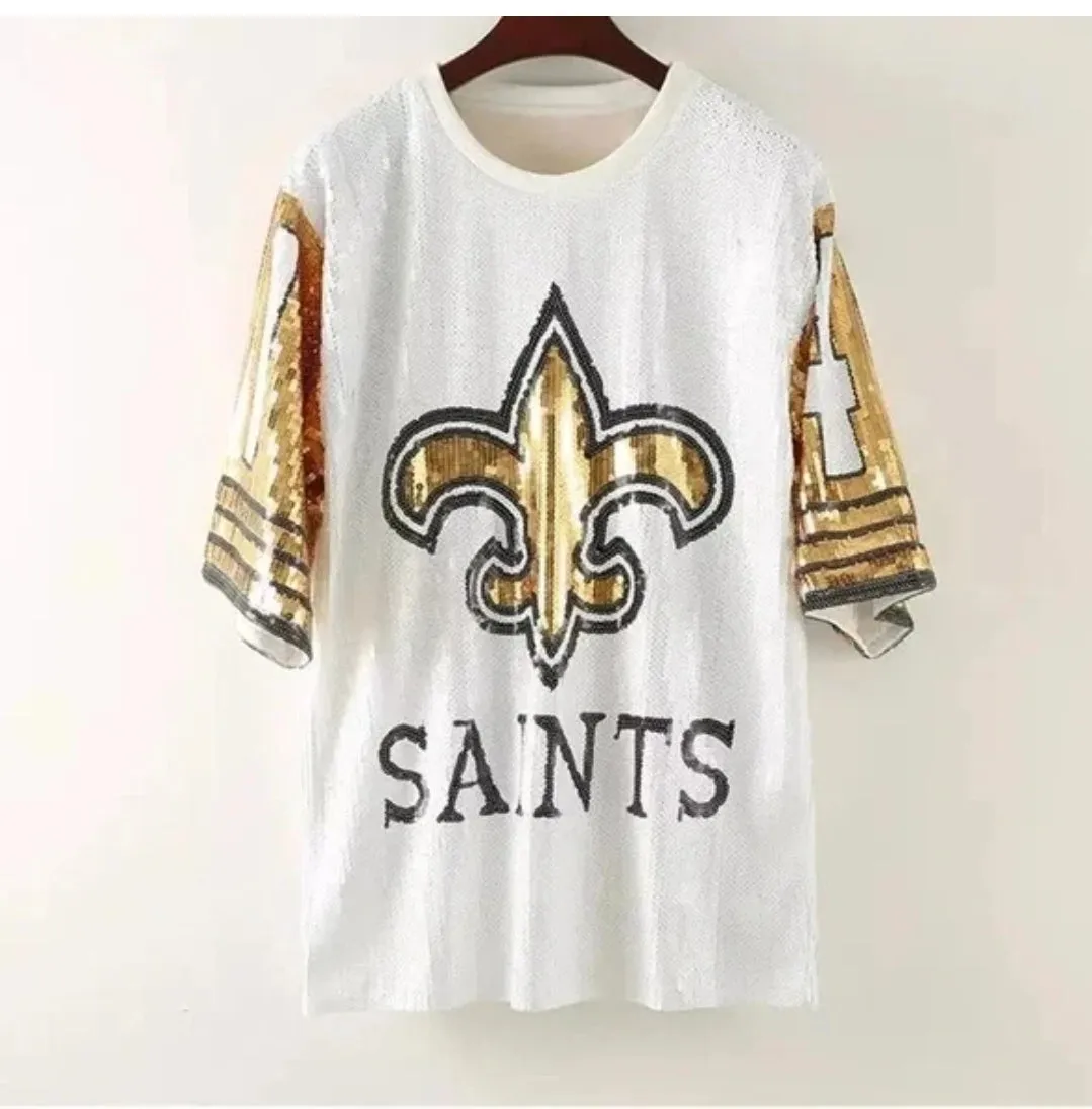 Saints sequence white dress with gold flur de lis symbol Alvin Kamara graphics