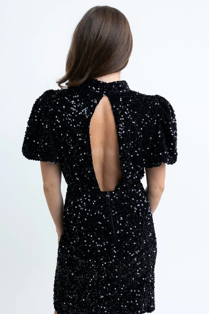 Sequin Puff Sleeve Open Back Dress