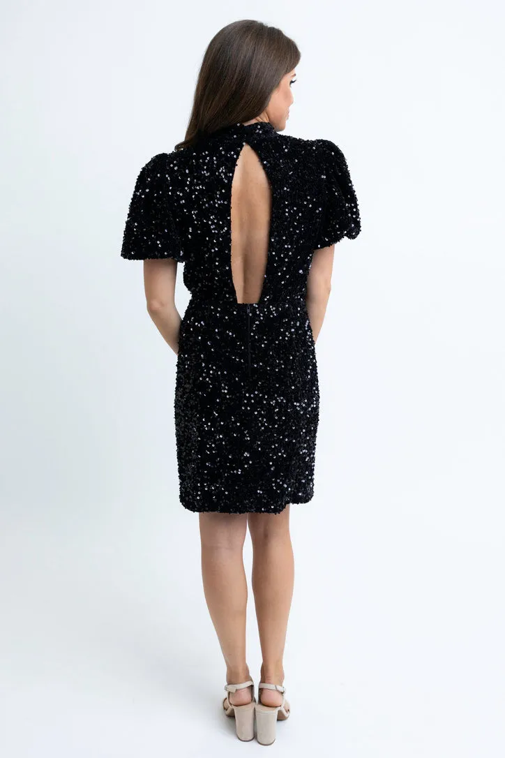 Sequin Puff Sleeve Open Back Dress