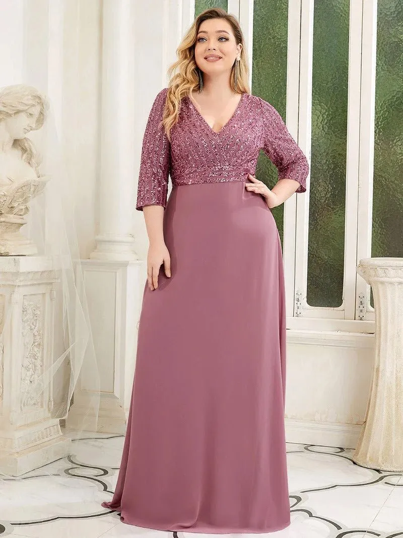 Sexy V Neck Pretty A-Line Sequin Bridesmaid Dresses With 3/4 Sleeve