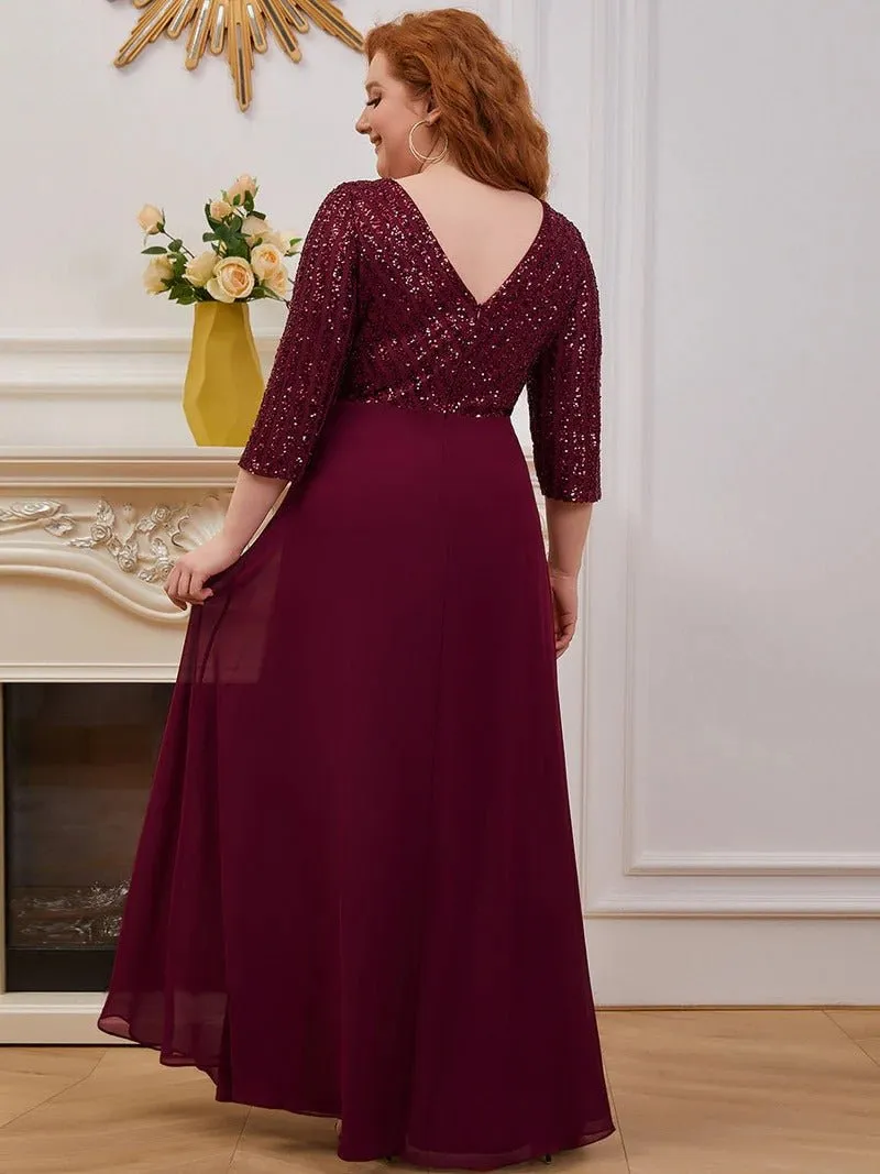 Sexy V Neck Pretty A-Line Sequin Bridesmaid Dresses With 3/4 Sleeve