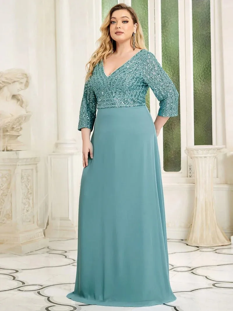 Sexy V Neck Pretty A-Line Sequin Bridesmaid Dresses With 3/4 Sleeve