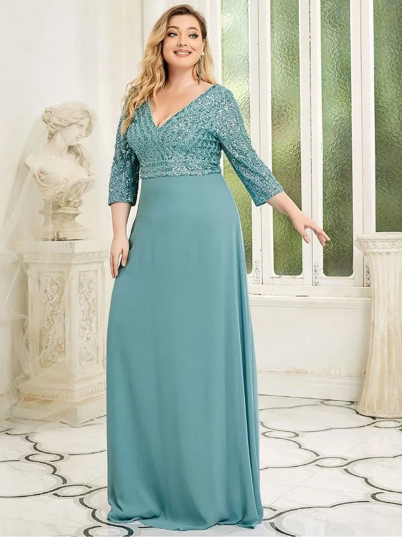 Sexy V Neck Pretty A-Line Sequin Bridesmaid Dresses With 3/4 Sleeve