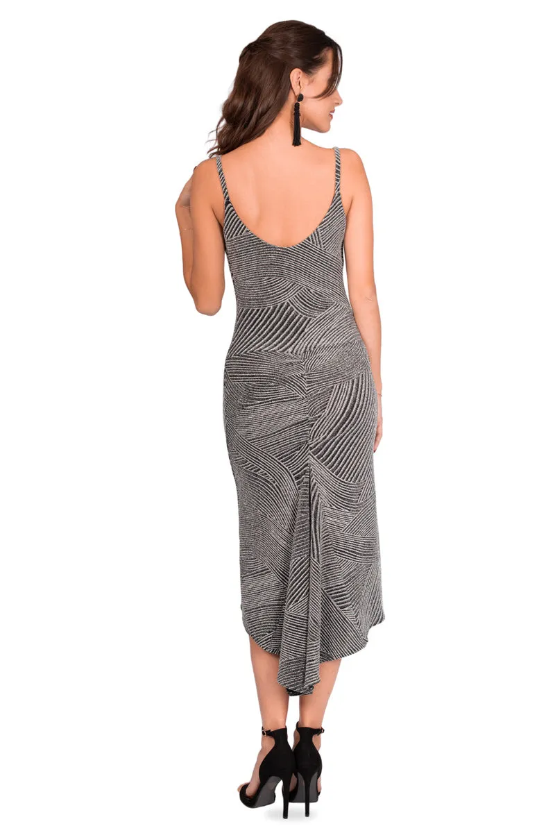 Silver Midi Fishtail Dress With With Draped Neck