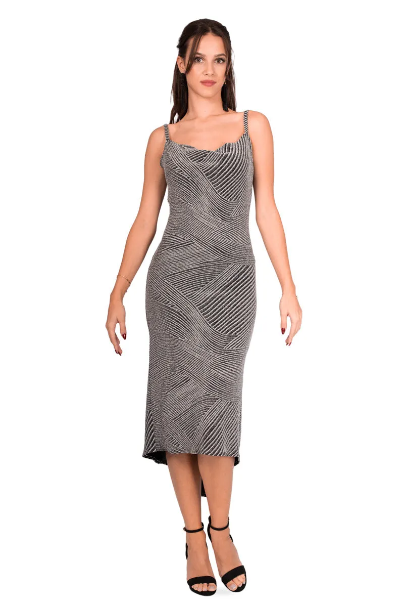 Silver Midi Fishtail Dress With With Draped Neck