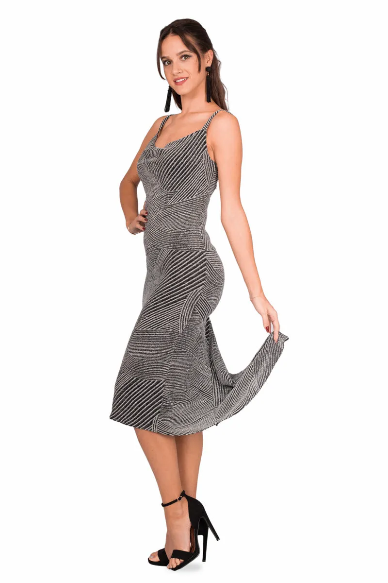 Silver Midi Fishtail Dress With With Draped Neck