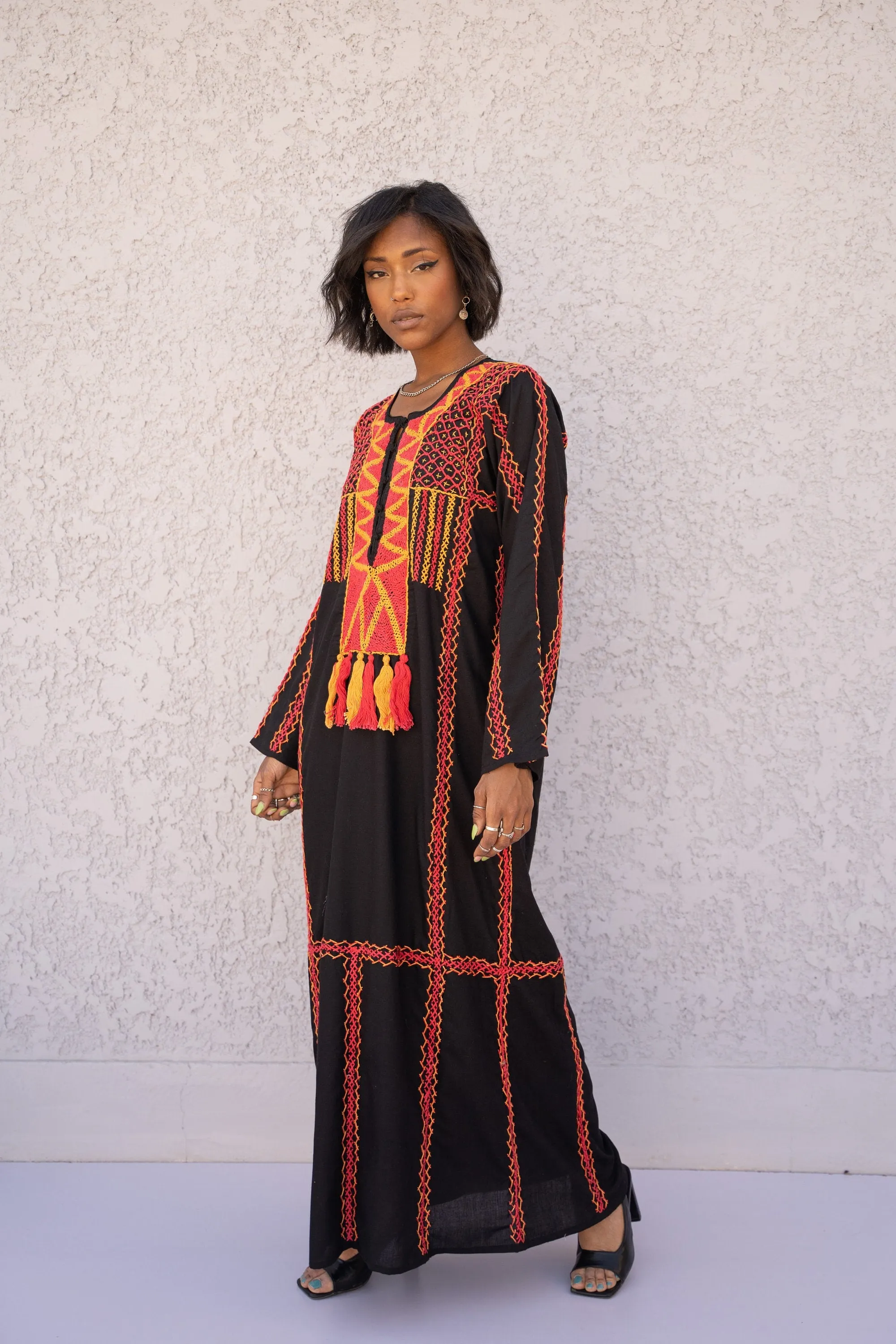 Siwa black embroidered Long Maxi Kaftan,  hand embroidered dress, Caftans for women, Egyptian cotton caftan, boho kaftan, kaftans