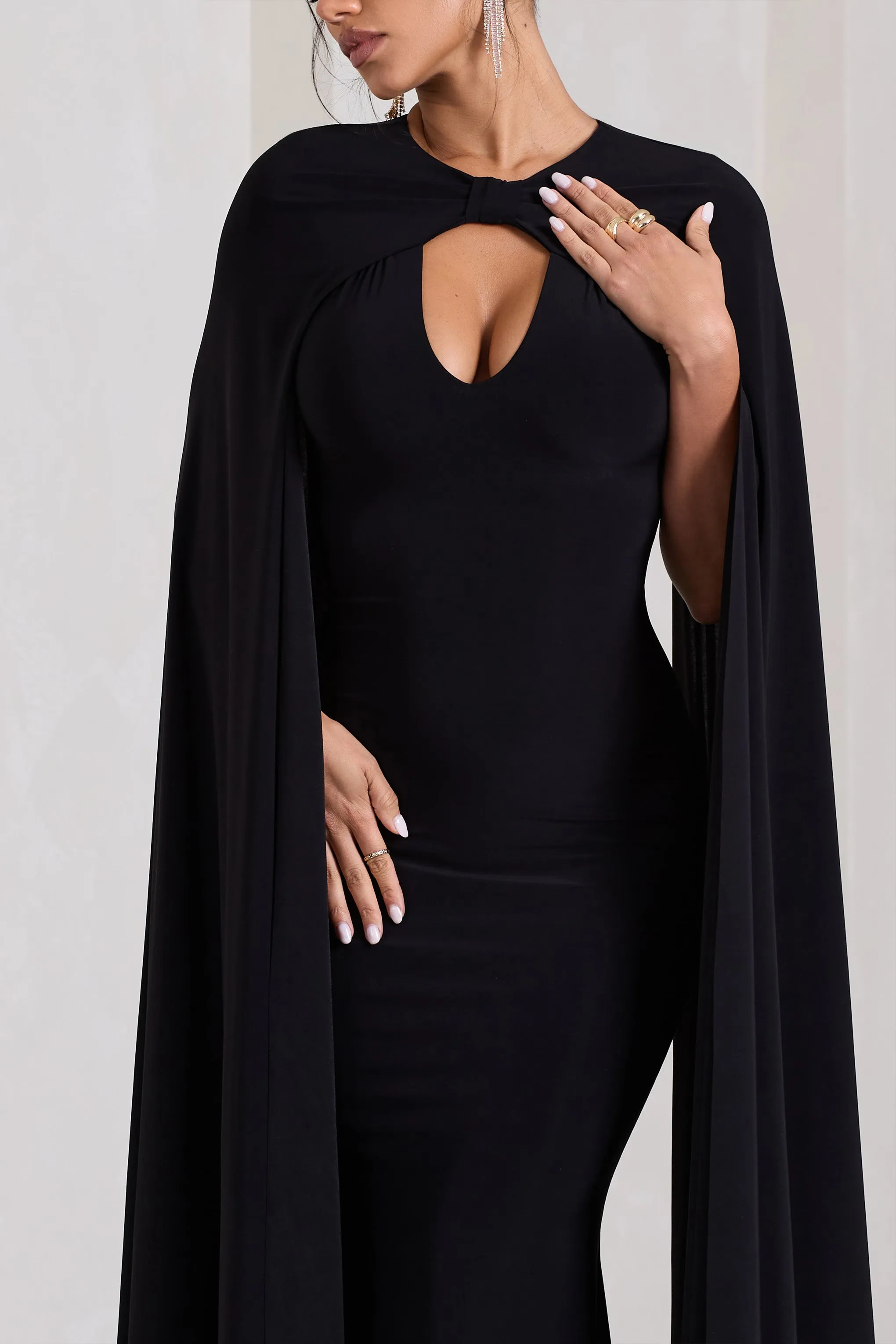 Standing Ovation | Black Plunge-Neck Cape Maxi Dress