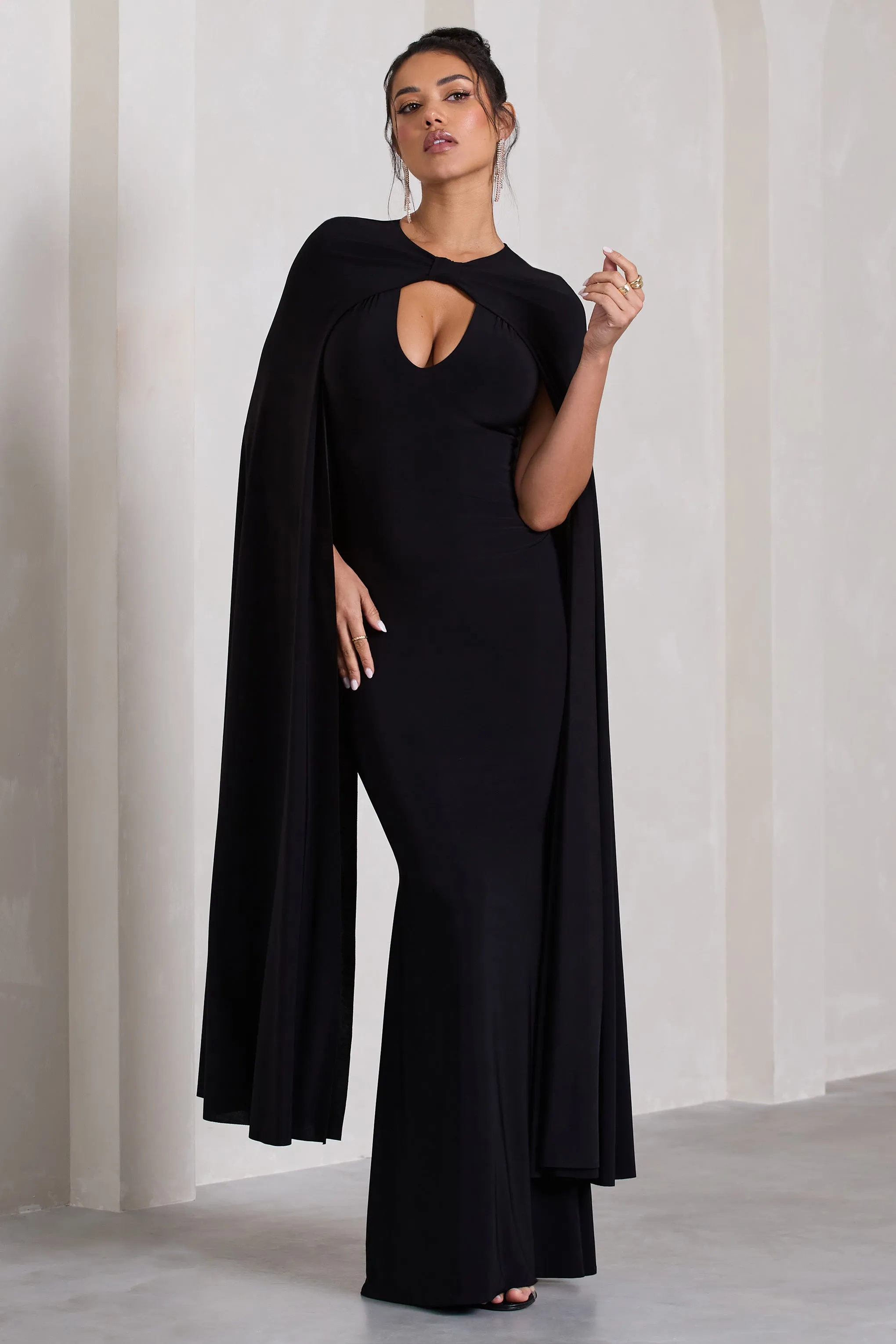 Standing Ovation | Black Plunge-Neck Cape Maxi Dress