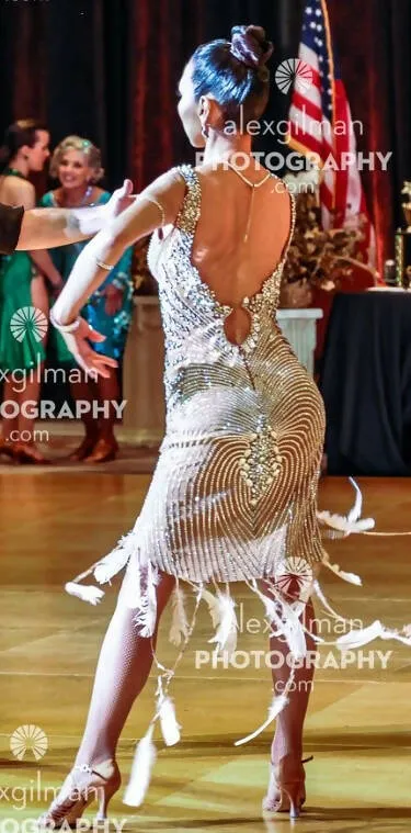 Tan Latin Dress with Silver Crystals