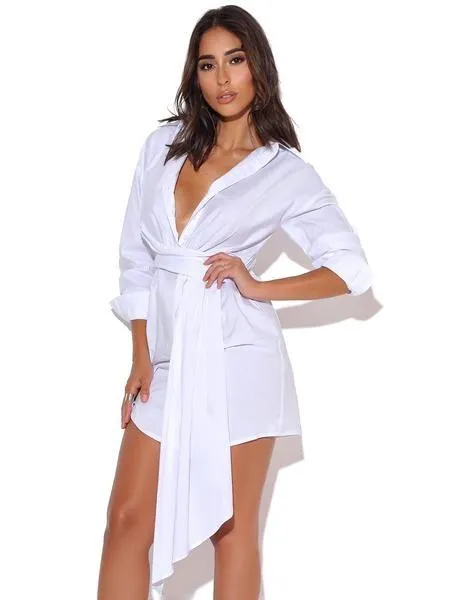 Think of You White Draped Boyfriend Shirt Dress