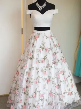 Two Pieces A-line Off-the-shoulder 3D floral Long Prom Dresses Formal Dresses Evening Dress ER1060