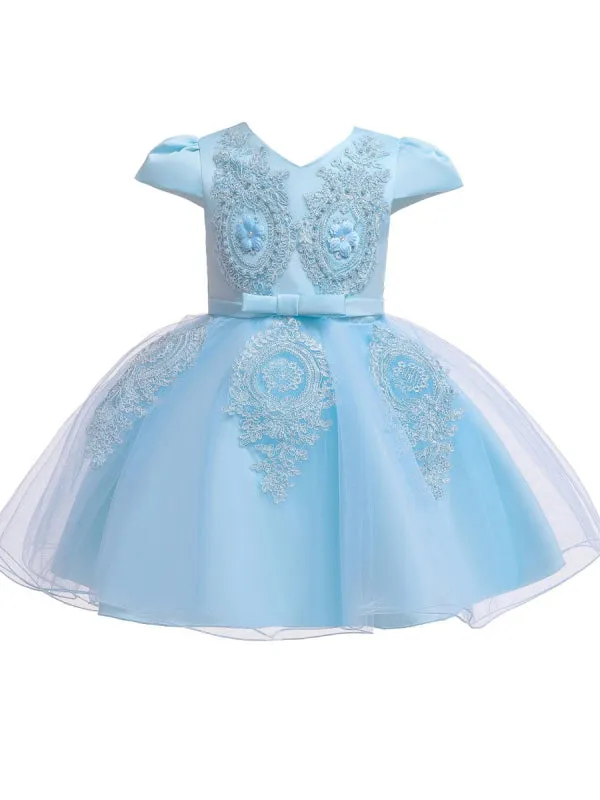 V Neck Short Sleeves Flower Girl Dresses A-line Flowers Kids Party Dresses