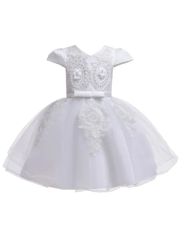 V Neck Short Sleeves Flower Girl Dresses A-line Flowers Kids Party Dresses