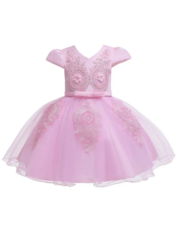 V Neck Short Sleeves Flower Girl Dresses A-line Flowers Kids Party Dresses