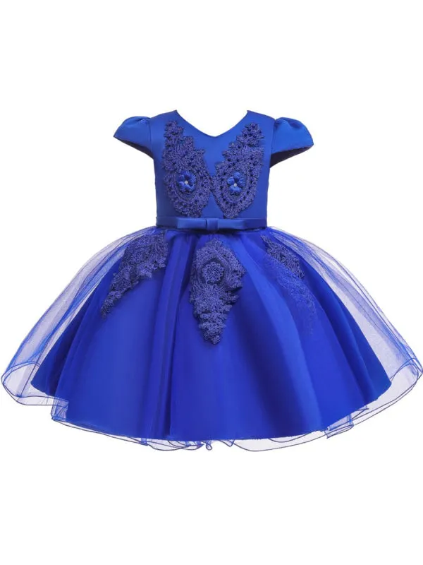 V Neck Short Sleeves Flower Girl Dresses A-line Flowers Kids Party Dresses