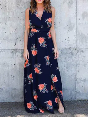 V-Neck Sleeveless Tie Front Floral Maxi Dress