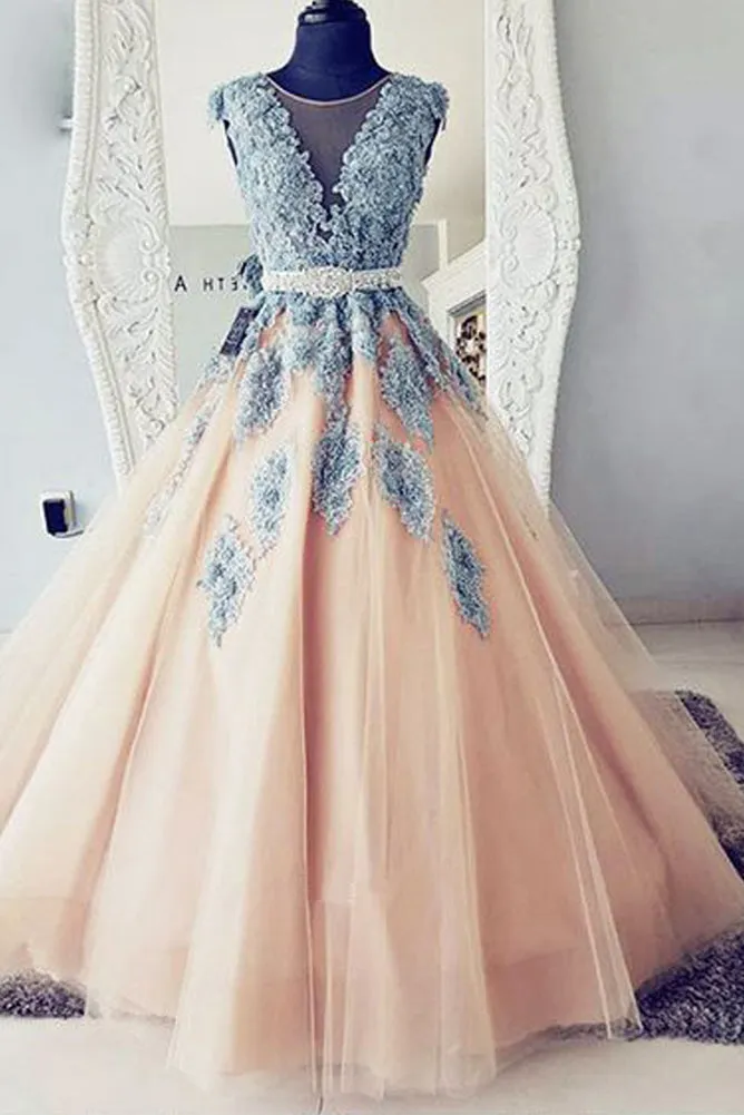 V Neck Tulle Lace Party Dresses Long Prom Dresses Ball Gown with Appliques