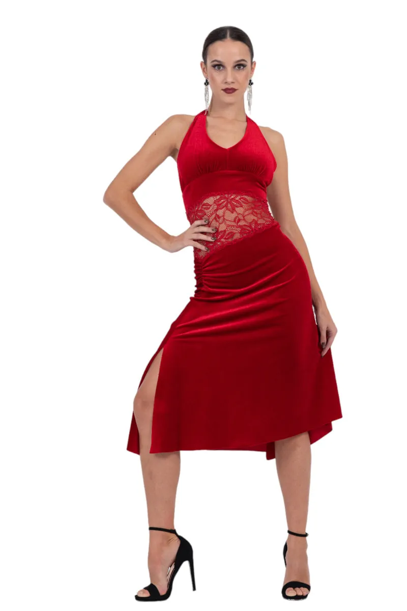 Velvet Halter Neck Tango Dress With Lace Waist 