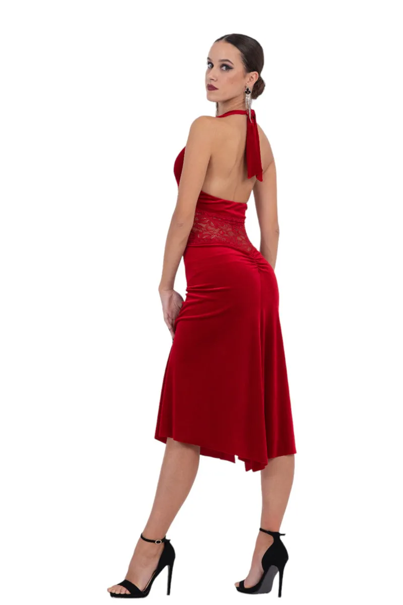 Velvet Halter Neck Tango Dress With Lace Waist 