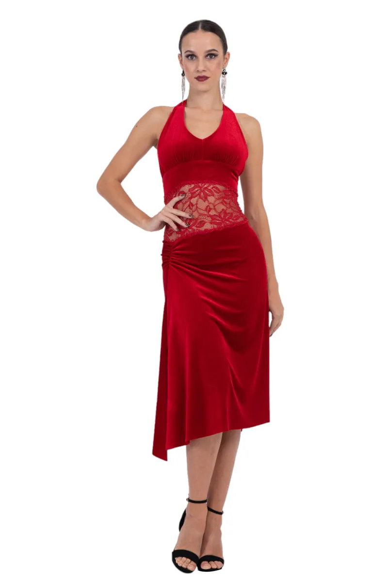 Velvet Halter Neck Tango Dress With Lace Waist 