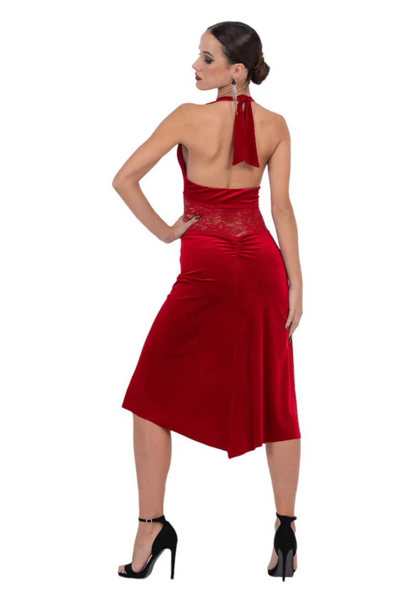 Velvet Halter Neck Tango Dress With Lace Waist 