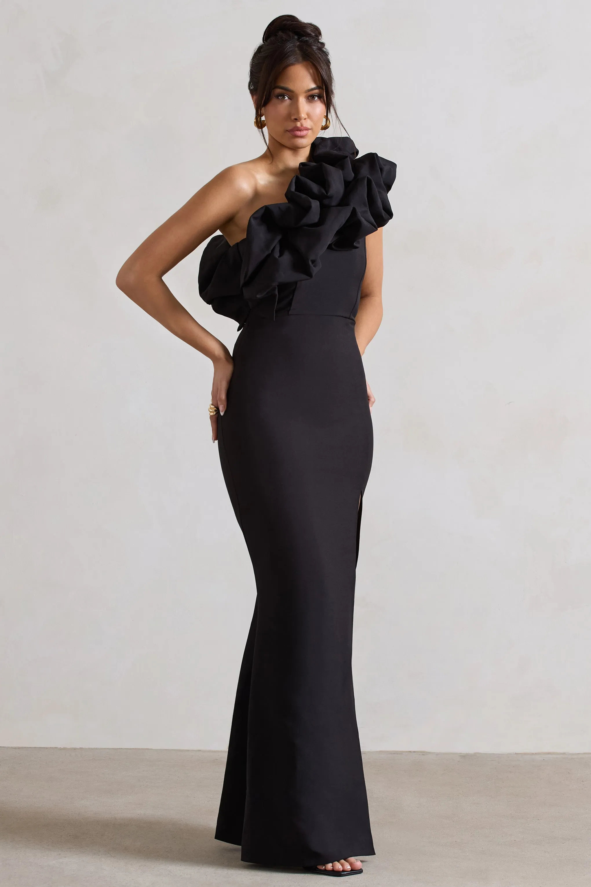 Vienne | Black One Shoulder Ruffle Split Maxi Dress