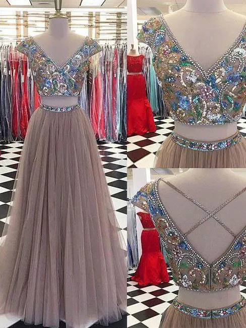 Vintage Two Piece Prom Dress V Neck Tulle Plus Size Prom Dress #ER502